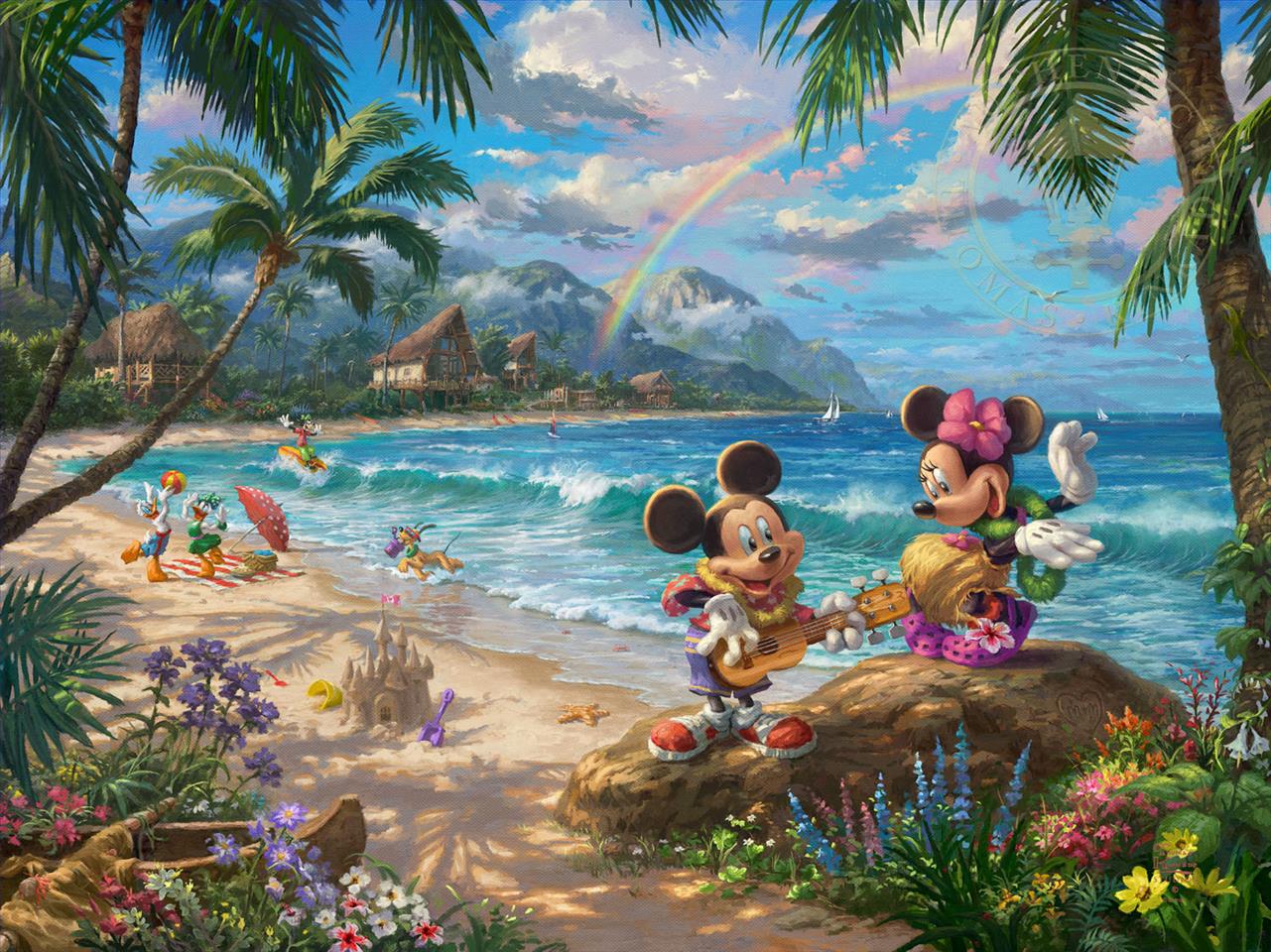 Mickey et Minnie à Hawaï Thomas Kinkade Peintures à l'huile